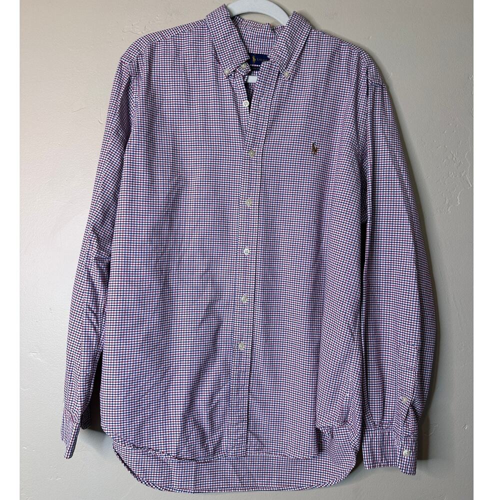 Men's Ralph Lauren Classic Fit Long Sleeve Button Up Red White Blue Plaid LARGE